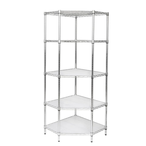 Solid Five Tier Corner Shelf With Sleek Chrome Finish And Fully Adjustable Heights Featuring Clear Protective Liners For Zero Sweat No Tool Assembly And Clean Space Saving Storage That Really Slaps In Any Room
