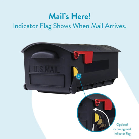 Black large capacity plastic post mount mailbox with mail indicator flag, USPS compatible, outdoor use, rustproof and weatherproof.