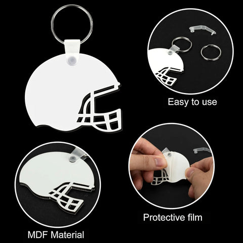 Helmet Shape Sublimation Keychain Blanks Kit, 20 Pieces with rings MDF material, protective film for heat transfer DIY crafts.