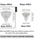 Size comparison of MR16 5W LED Bulbs 12V Low Voltage GU5.3 Bipin with MR11 bulb showing dimensions and base types.