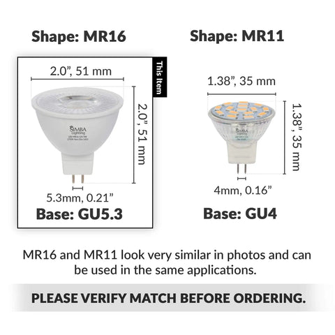 Size comparison of MR16 5W LED Bulbs 12V Low Voltage GU5.3 Bipin with MR11 bulb showing dimensions and base types.