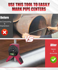 Pipe center finder tool with pink 4-inch Y-type base and adjustable dial bubble protractor for marking pipe centers.