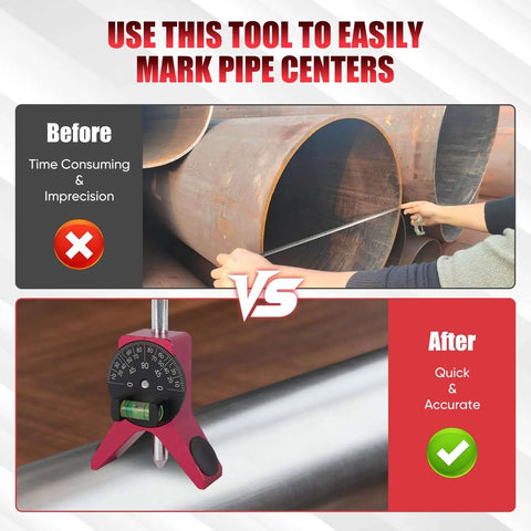 Pipe center finder tool with pink 4-inch Y-type base and adjustable dial bubble protractor for marking pipe centers.