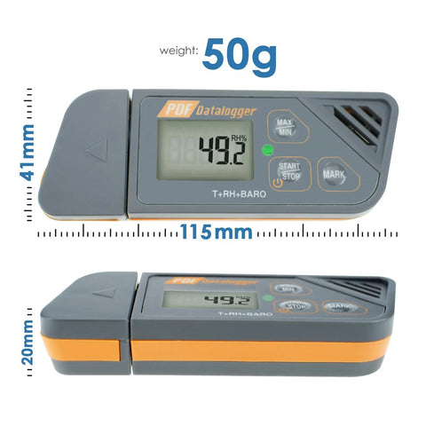Usb Temperature And Humidity Data Logger With Barometric Pressure Tracking, 115mm long, 50g, showing humidity reading and controls.