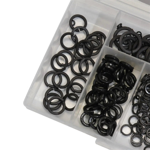 Beefy 300 Pack Black Carbon Steel Spring Split Lock Washers Set For Nuts And Bolts in assorted sizes in organizer tray