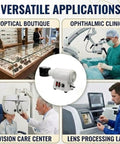 Top Shelf Optical Glasses Frame Warmer, 580W Quick Heat Lens Heater shown in various optical settings and applications.