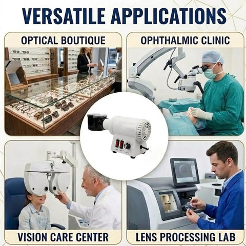 Top Shelf Optical Glasses Frame Warmer, 580W Quick Heat Lens Heater shown in various optical settings and applications.