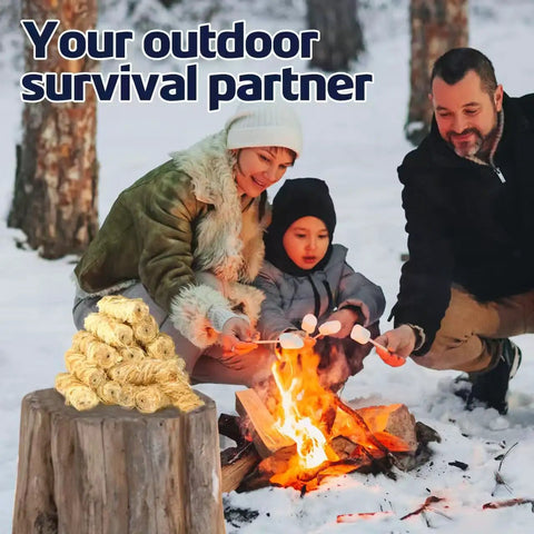 Family enjoying a campfire using 72 Pack Extra Long Fire Starters For Grill Fireplace Camping And Survival Kit With 12 Minute Burn Natural Pine Wood And Food Grade Wax Waterproof Odorless Safe For BBQ Pizza Oven Chimney Indoor And Outdoor Use.