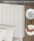 Close-up of Full Size Bed Frame With Headboard White Upholstered Velvet Platform Bed showcasing elegant headboard design.