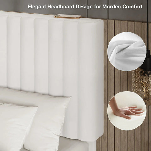 Close-up of Full Size Bed Frame With Headboard White Upholstered Velvet Platform Bed showcasing elegant headboard design.