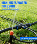 237 Feet Quick Connect Drip Irrigation Kit With 40 Adjustable Nozzles in use on a lawn, highlighting water pressure efficiency.