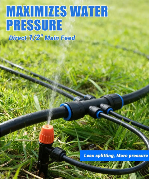 237 Feet Quick Connect Drip Irrigation Kit With 40 Adjustable Nozzles in use on a lawn, highlighting water pressure efficiency.