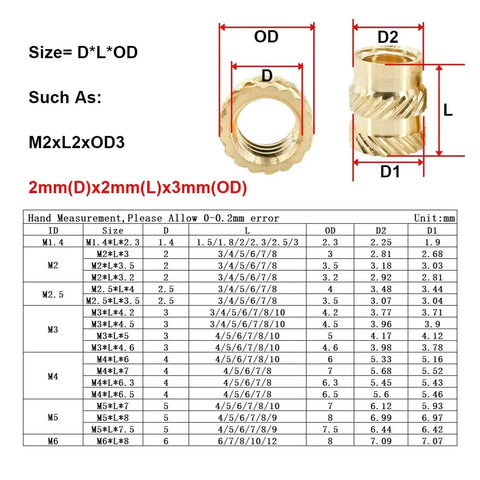 Hot Melt Brass Insert Nuts Kit For 3D Printing And Electronics 50 Pcs M2 M2.5 M3 M4 M5 M6 Knurled Copper Inserts size chart
