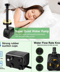Submersible Pond Fountain Pump 15W 800L/H With LED Lights, shown near sleeping child, highlighting ultra quiet operation.