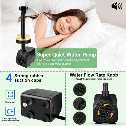 Submersible Pond Fountain Pump 15W 800L/H With LED Lights, shown near sleeping child, highlighting ultra quiet operation.