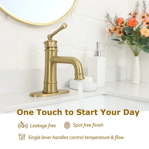 Single Hole Bathroom Faucet In Brushed Brass Gold With Pop Up Drain, flowing water on vanity sink with floral decor