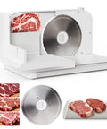 Foldable Electric Meat Slicer For Home With 6.7 Inches Removable Stainless Steel Blade And Tray adjustable thickness and sliced beef.