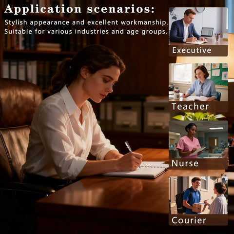 Various professionals using Premium Retractable Ballpoint Pen Set With Metal Body 7 Refills In Black Blue Red