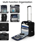 16 Inch Underseat Carry On Luggage With Wheels 3 In 1 Design shown with multi-function compartments and retractable handle.