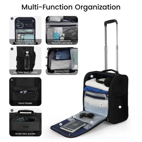16 Inch Underseat Carry On Luggage With Wheels 3 In 1 Design shown with multi-function compartments and retractable handle.