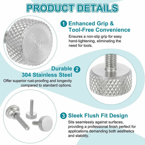 Rock Solid M6 X 12mm Knurled Thumb Screws Made From Hella Durable 304 Stainless Steel With Slick Diamond Grip Heads, close up view.