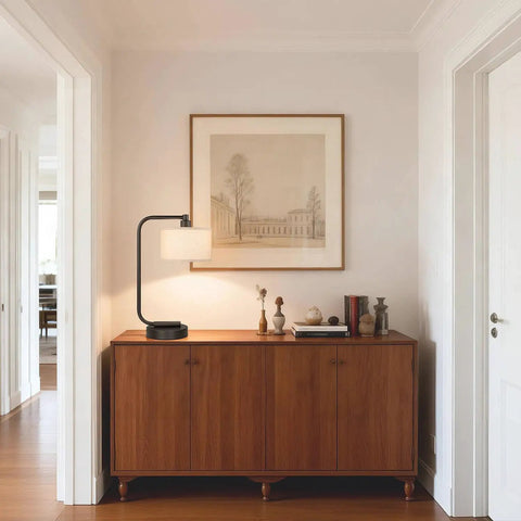 Bedside Table Lamp With USB Port, Modern Dark Bronze Desk Lamp With Linen Fabric Drum Shade on wooden sideboard in hallway