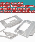 Reliable Universal Door Latch Restorer Strike Plate Pair In Warm Satin Nickel with screws for home repair, adjustable tongue catch visible.