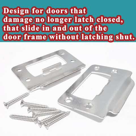 Reliable Universal Door Latch Restorer Strike Plate Pair In Warm Satin Nickel with screws for home repair, adjustable tongue catch visible.