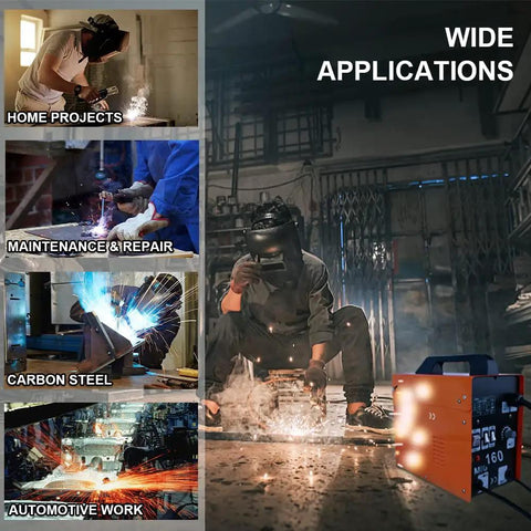 Flux Core MIG Welder 160A Portable Gasless Wire Feed Machine used in various applications like automotive and home projects