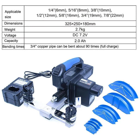 VgtHK Mini Cordless Copper Tube Bender Machine Handheld Electric Pipe Bending Tool Kit with adjustable bending angles and battery.