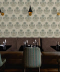 Blue Floral Vinyl Wallpaper With Subtle Leather Texture Finish Paste Required Commercial Grade Wallcovering For Hotels Offices Restaurants Custom Printed Just For You Professional Installation Recommended Solid Performance Room Decor in a modern dining setting.