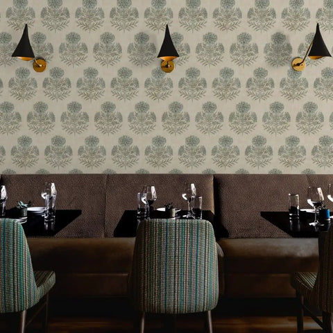 Blue Floral Vinyl Wallpaper With Subtle Leather Texture Finish Paste Required Commercial Grade Wallcovering For Hotels Offices Restaurants Custom Printed Just For You Professional Installation Recommended Solid Performance Room Decor in a modern dining setting.
