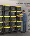 Heavy Duty 5 Tier 27 Gallon Tote Storage Rack Organizer For Garage And Warehouse, Adjustable Cradles And Rail Extensions, 250 Lb Capacity, Space Saving Bin Shelves, Totes Not Included. Steel rack with 27 gallon totes