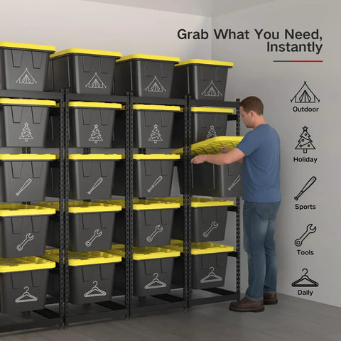 Heavy Duty 5 Tier 27 Gallon Tote Storage Rack Organizer For Garage And Warehouse, Adjustable Cradles And Rail Extensions, 250 Lb Capacity, Space Saving Bin Shelves, Totes Not Included. Steel rack with 27 gallon totes