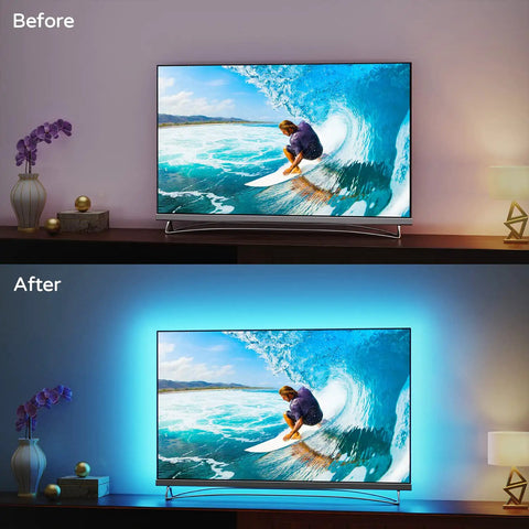Before and after using Led Backlight Kit For 60-65 Inch TVs, 15 Ft Behind Monitor Lights With 20 Color Modes, Bias Lighting
