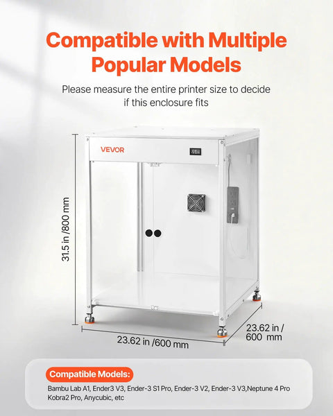 Transparent 3D Printer Enclosure With Ventilation And LED Lighting, Dustproof Waterproof Protective Case shown with dimensions