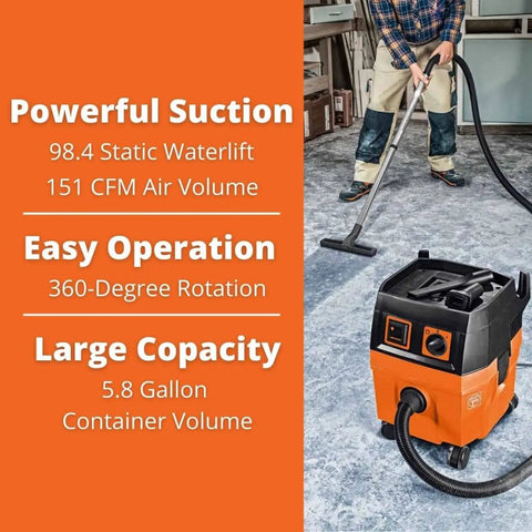 Heavy Duty Wet Dry Dust Extractor 5.8 Gallon Shop Vacuum With 1100W Motor And 151 Cfm Badass Suction For Job Site And Workshop, showing 5.8 gallon vacuum in use.
