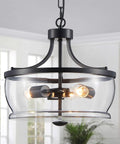 Firedanz 3-Light Glass Pendant Light, Height Adjustable with clear glass shades and black metal frame, perfect for dining areas.