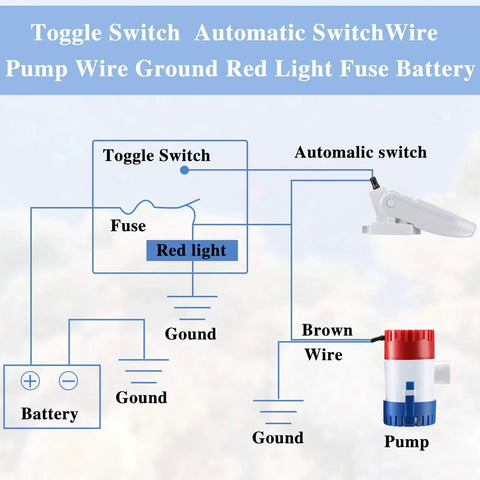 Wiring diagram for 12 V 1100 GPH Bilge Water Pump With Automatic Float Switch For Boats, showing connections and components.