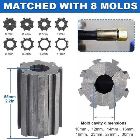 Badass Heavy Duty Hydraulic Hose Crimper With Seven Forged Steel Die Sets And Magnetic Quick Swap Molds for 10 to 30mm tube sizes.
