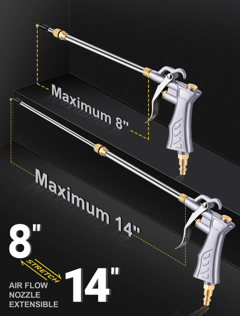 Industrial Heavy Duty Pro Grade Air Blow Gun With Brass Adjustable Nozzle and 8 to 14 Inch Extension