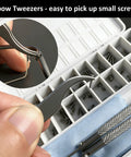 All In One Eyeglass Repair Kit with elbow tweezers holding a small screw, compartmentalized box for screws, and tools.