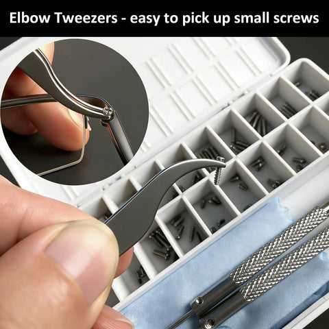 All In One Eyeglass Repair Kit with elbow tweezers holding a small screw, compartmentalized box for screws, and tools.