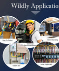 Collage showing applications including switch box, electrician work, home renovation, tool belt, and large equipment setup.