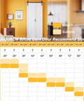 Pre Assembled Solid Core Bifold Barn Door 72 By 84 Inches size guide with color-coded recommendations on wall.