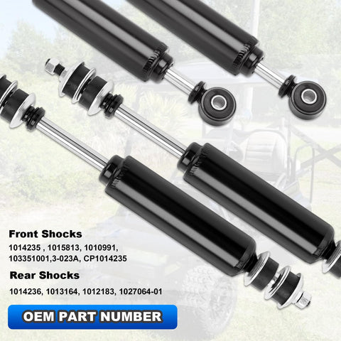 Club Car Front And Rear Golf Cart Shock Absorbers Replacements For DS G And E From 1988 Through 2007 And Precedent G And E From 2004 Up With OEM Part Numbers 1014235 1015813 1014236 1010991, shown in close-up.