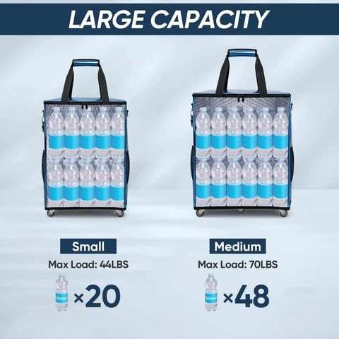 Rolling Grocery Tote With Wheels Reusable Shopping Bags On Wheels showing large capacity with bottled water inside.