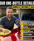Man holding car scratch remover, showing bottle in hand, with text highlighting product benefits.