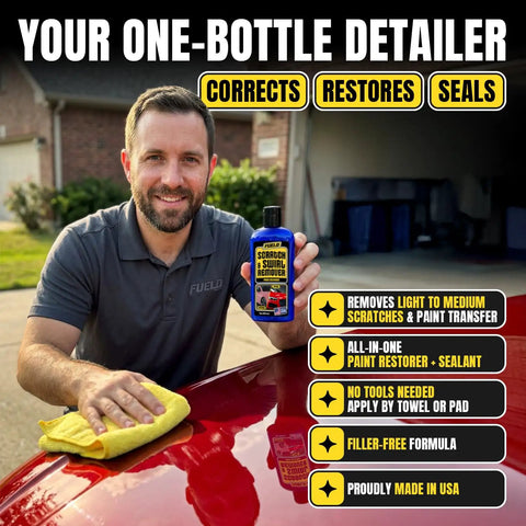 Man holding car scratch remover, showing bottle in hand, with text highlighting product benefits.