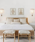 Bohemian Wood Beaded Wall Sconces Two Pack White Finish Rustic Bedside Lighting Fixture above bed in cozy bedroom decor